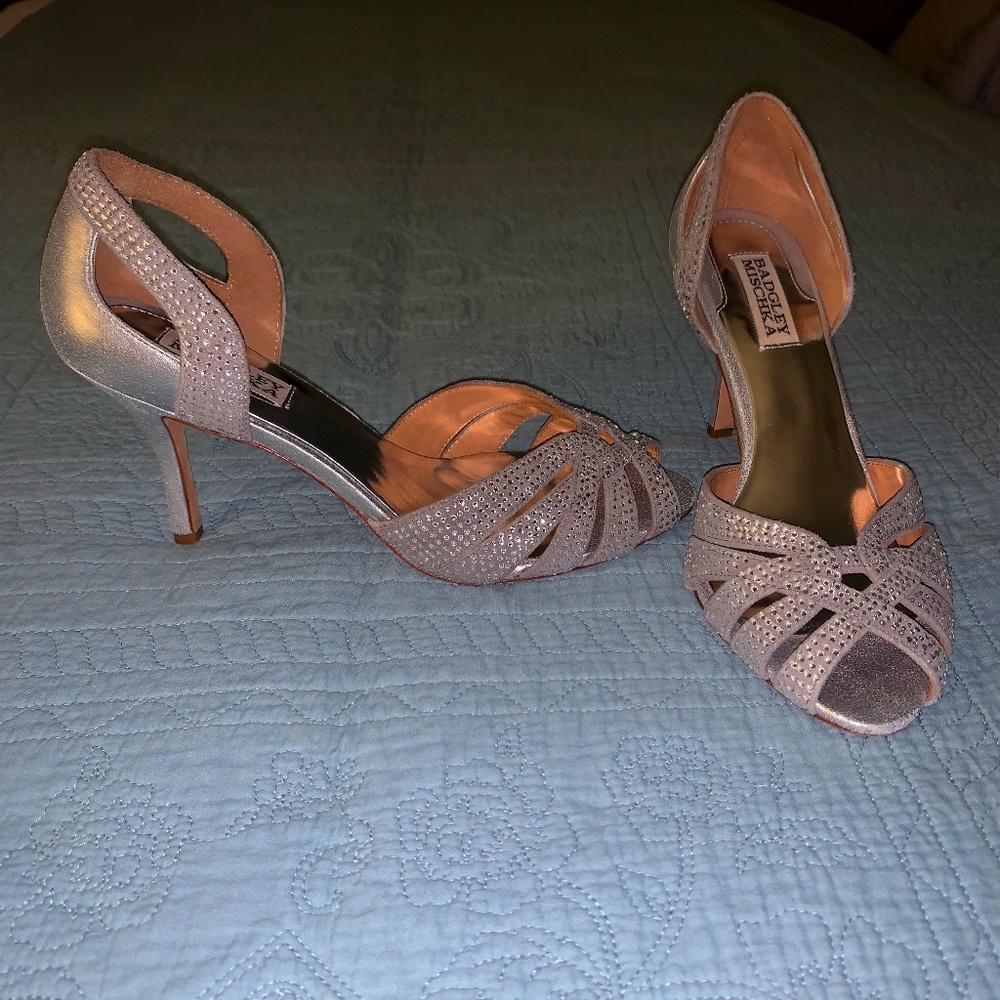 Badgley Mischa TATIANA Silver Crystal Rhinestone Suede Leather Peep Toe Heel